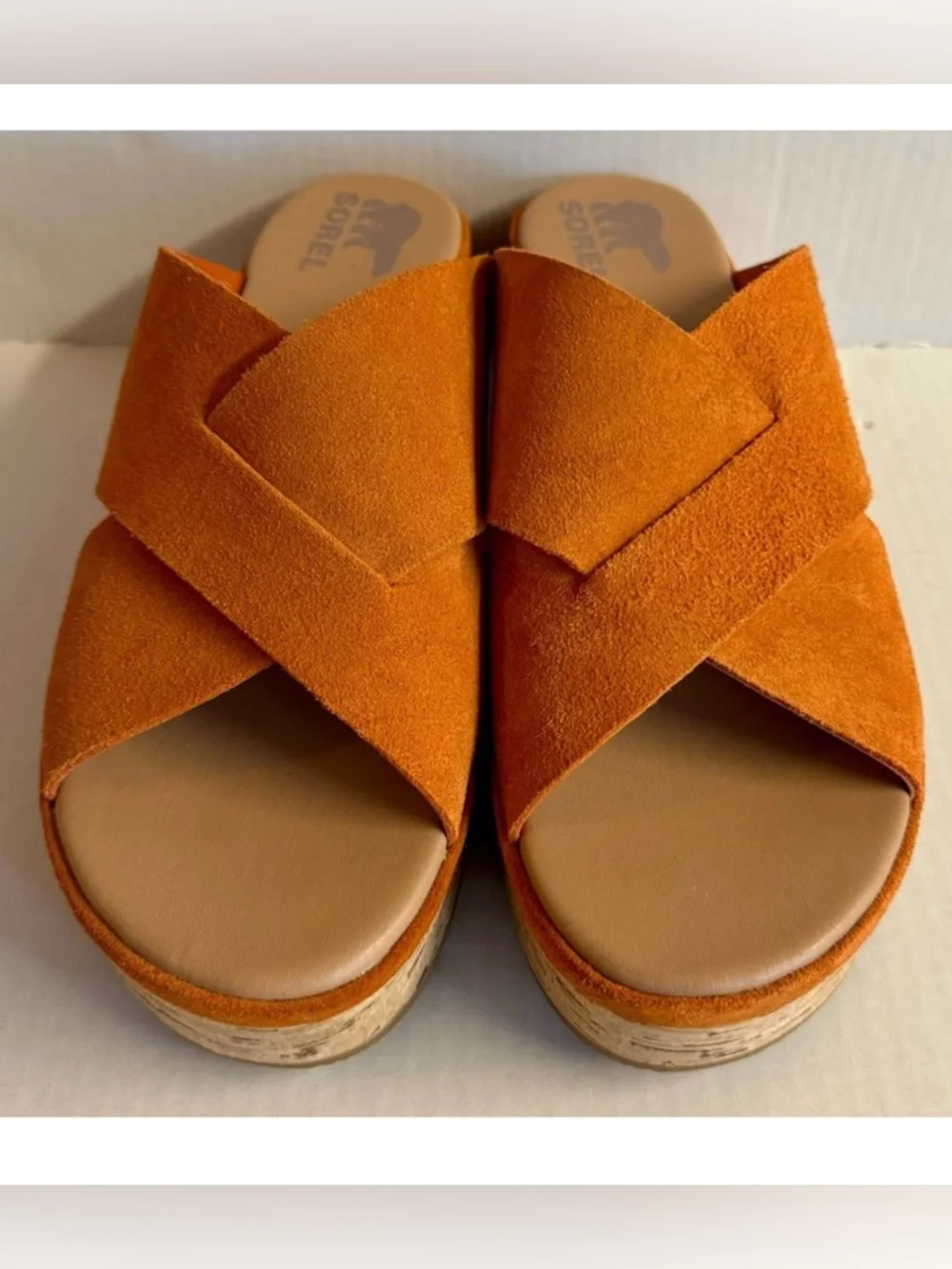 Sorel Cameron Orange Suede Cork-Platform Crossband Slide.Size 10
